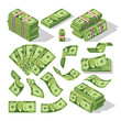 Cartoon money bills. Green dollar banknotes cash vector icons