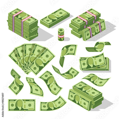 Cuadros en Lienzo Cartoon money bills. Green dollar banknotes cash vector icons