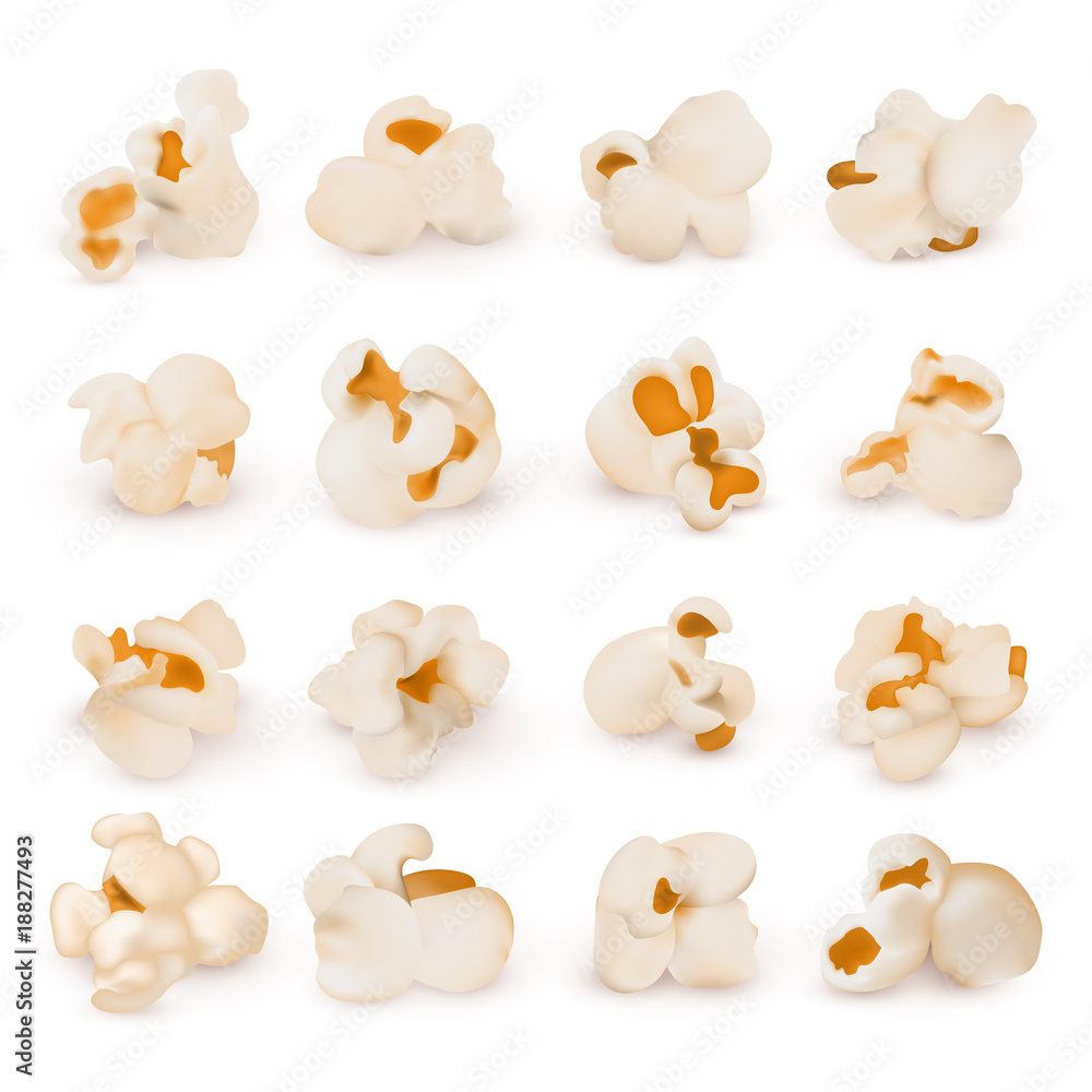 Macro realistic popcorn isolated vector set - obrazy, fototapety, plakaty 
