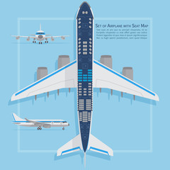 Canvas Print - Aircraft seats plan top view. Business and economy classes airplane indoor information map. Vector illustration