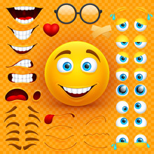 Cartoon Yellow 3d Smiley Face Vector Character Creation Constructor. Emoji With Emotions, Eyes And Mouthes Set
