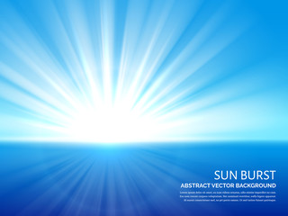 white sun burst in blue sky. abstract sunlight bursting effect vector background