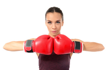 Wall Mural - Strong woman in boxing gloves on white background