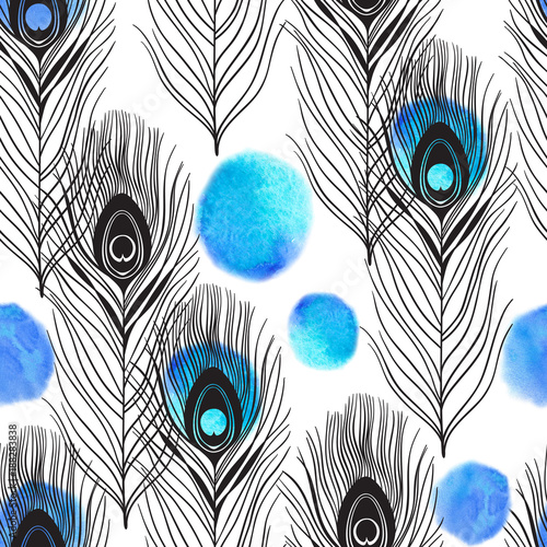 Stoffe zum Nähen Seamless pattern with peacock feathers and watercolor elements on a white background. Hand-drawn background.