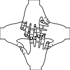 Sticker - four human hands teamwork unity vector illustration outline design