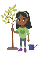 Sticker - African-american smiling girl planting a tree. Eco-friendly girl standing near newly planted tree and watering can. Vector sketch cartoon illustration isolated on white background.