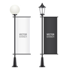 Set of vector lamposts, with black and white advertising flags, isolated on a white backgorund. Vertical promotional flag realistic mockups.