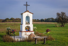 White Roadside Shrine Near Brochow, Masovia Region Of Poland