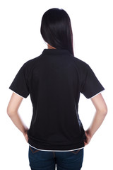 Wall Mural - woman in black polo shirt isolated on a white background (rear view)