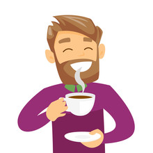 Pleased Caucasian White Man With Closed Eyes Drinking Hot Flavored Coffee. Young Hipster Man With Beard Holding A Cup Of Coffee With Steam. Vector Cartoon Illustration Isolated On White Background.