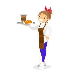 Wall Mural - Full length of young smiling caucasian white waitress holding tray with a cup of coffee and croissant. Vector cartoon illustration isolated on white background.