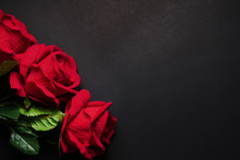 Close Up Of Red Roses On Black Background. Free Space For Text