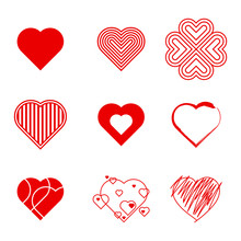 A Collection Of Nine Different Vector Hearts Illustrated In A Series Of Different Styles.