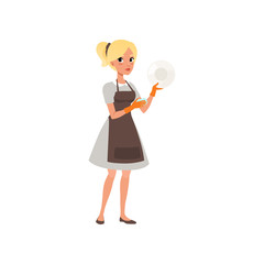 Wall Mural - Woman washing plate with sponge. Cartoon character of blond girl. Maid in uniform with rubber gloves and apron. Cleaning service. Professional at work. Flat vector