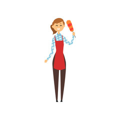 Wall Mural - Hotel maid standing and holding dust brush. Domestic worker in red apron, checkered blouse, brown pants and rubber gloves. Cleaning service. Flat vector design