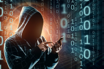 a young hacker in a hood hacks a smartphone, a hacker attack, a silhouette of a man, mixed media. th