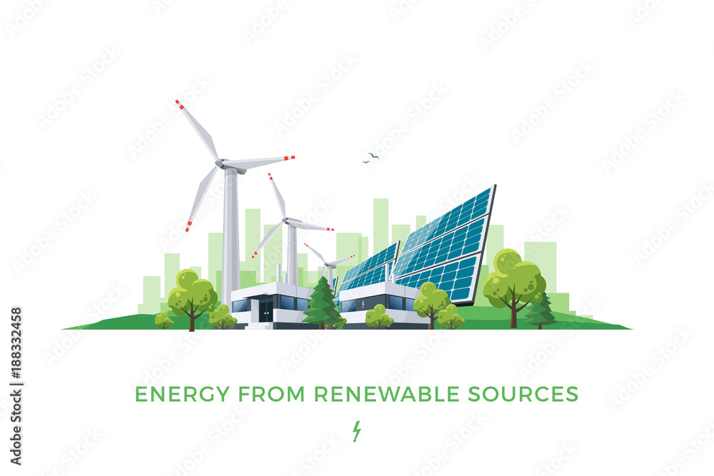 Isolated vector illustration of clean electric energy from renewable sources sun and wind. Power plant station buildings with solar panels and wind turbines on city skyline urban landscape background. - obrazy, fototapety, plakaty 