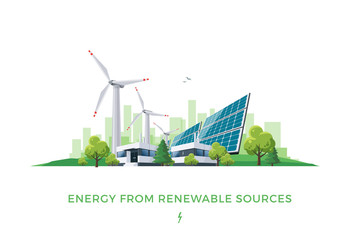 Wall Mural - Isolated vector illustration of clean electric energy from renewable sources sun and wind. Power plant station buildings with solar panels and wind turbines on city skyline urban landscape background.