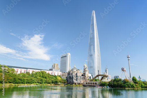 Plakat Niesamowite panoramę Seulu, w Korei Południowej. Piękny widok na centrum miasta