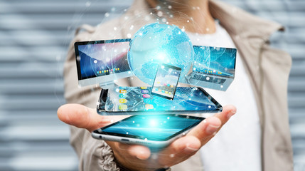 Wall Mural - businessman connecting tech devices and icons applications 3d rendering