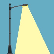 Street Lighting Flat Banner. City Night Street Light With Light From Streetlight Lamp. Outdoor Lamp Post In Flat Style. Spotlight Vector Illustration