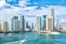 Miami Skyline. Yachts Sail On Sea Water To City