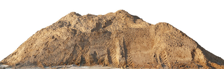 A large pile of construction sand with traces of tractor wheels