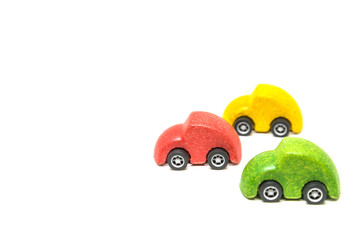 Isolated Colorful wooden car toy in race on white background