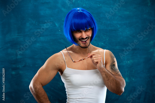 Cute Young Man Wearing Blue Wig And Female Cloth Cross Dressing