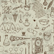 Seamless pattern with vintage science objects. Scientific equipment for physics and chemistry. Vector illustration