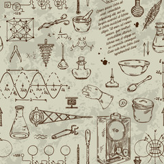 Seamless pattern with vintage science objects. Scientific equipment for physics and chemistry. Vector illustration
