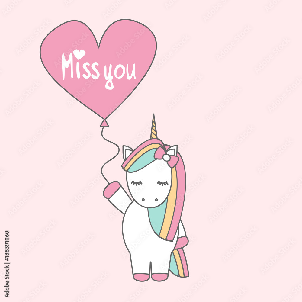 cute cartoon vector unicorn with balloon with hand drawn lettering miss you  text Stock Vector | Adobe Stock, image size:1000x1000