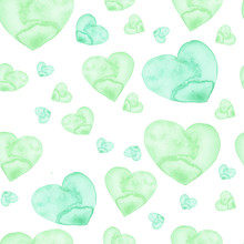 Watercolor Seamless Pattern With A Background Of Green Heart.  Art Illustration For Your Design. 