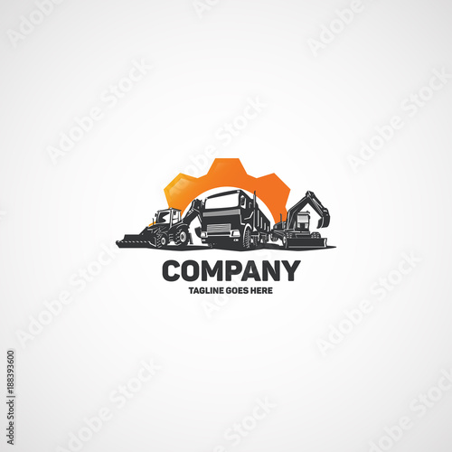 Vector construction heavy machinery, truck with excavators in gear logo