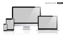 Realistic Computer, Laptop, Tablet And Smartphone With Transparent Wallpaper Screen Isolated On White. Set Of Device Mockup Separate Groups And Layers. New Easily Editable Vector.