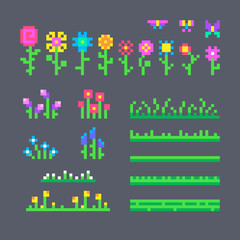 Pixel set of different flowers