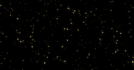 Leinwandbilder - Gold particles shine background with light glow bokeh and shimmering dust light magic effect. Golden particles and shimmering glowing light for luxury premium Christmas background design