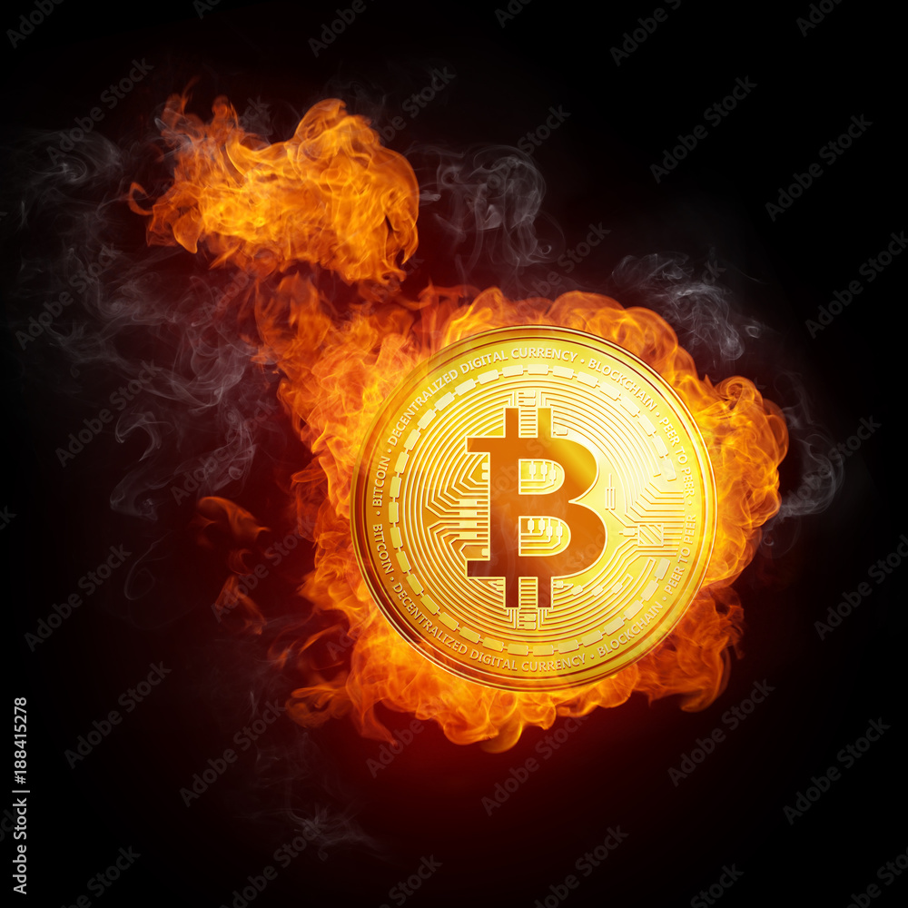 Golden bitcoin coin in fire flame is falling. Burning crypto currency  bitcoin cash falling down, blockchain cryptocurrency market crash bubble  burst concept. Illustration isolated on black background.  Stock-illustration | Adobe Stock