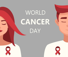 World Cancer day card 4 february. Vector cartoon Woman and Man Red Ribbon World Cancer Day.vector illustration for the world day of fight against AIDS.Medical illustration