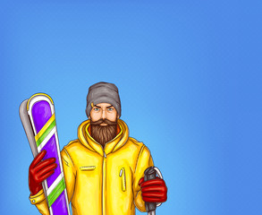 Pop art skier man vector sketch illustration. Hipster adult man bearded in winter sport modern yellow skiing jacket outfit, gloves and knitted hat holding skies isolated on blue background