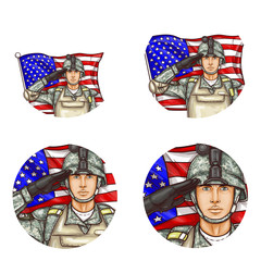 Wall Mural - Set of vector pop art round avatar profile icons for users of social networking, blog. American male soldier in uniform helmet bulletproof vest saluting against US flag. Memorial independence day sign