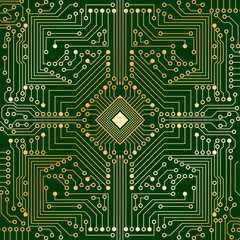 The electronic board from the computer in green and gold color with a microprocessor in the center. Vector image.