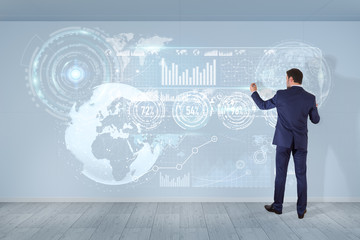 Poster - Businessman using graph screens interface on a wall 3D rendering