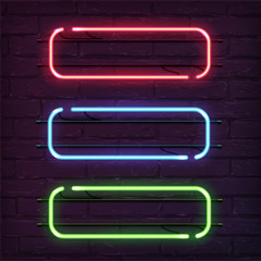 Wall Mural - Different color neon frames. Vector realistic neon rectangles on brick wall.