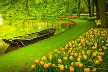 Spring Garden With Canal And Boat