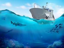 Fishing Boat In The Sea. 3D Illustration