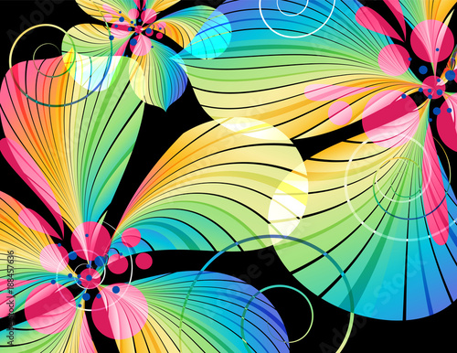 Floral background, multicolored flowers design on black