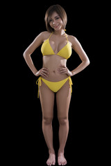 Wall Mural - Low key image of beautiful smiling young brunette Asian woman in yellow bikini isolated on black background