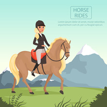Young Girl Jockey Riding Brown Horse With Yellow Crest. Woman In Uniform With Protective Helmet. Beautiful Nature Landscape With Mountains. Flat Vector Design