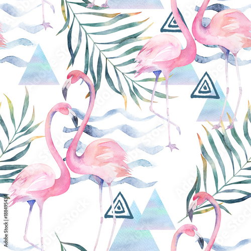 abstrakcyjna-ilustracja-z-roznymi-elementami-w-akwareli-liscie-tropikalne-i-flamingi-retro-vintage-motyw